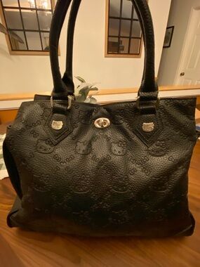 Hello Kitty Black Embossed Shoulder Bag with Silver Accents